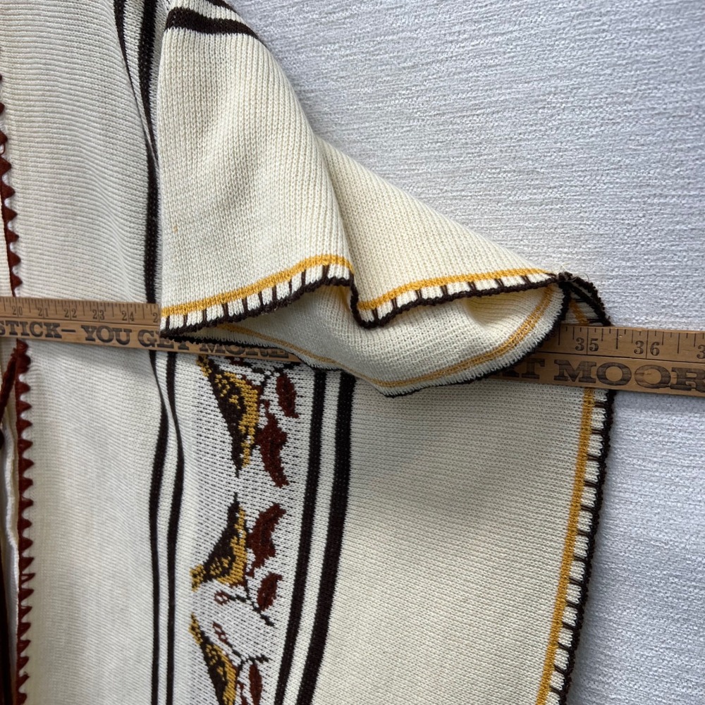 Vintage 70s Sweater Poncho Serape Womens OS Cream Brown Fringe Tie Front Cape - Picture 3 of 10